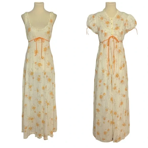 Vintage floral peignoir nightgown/robe 2 piece set, S - Picture 4 of 14